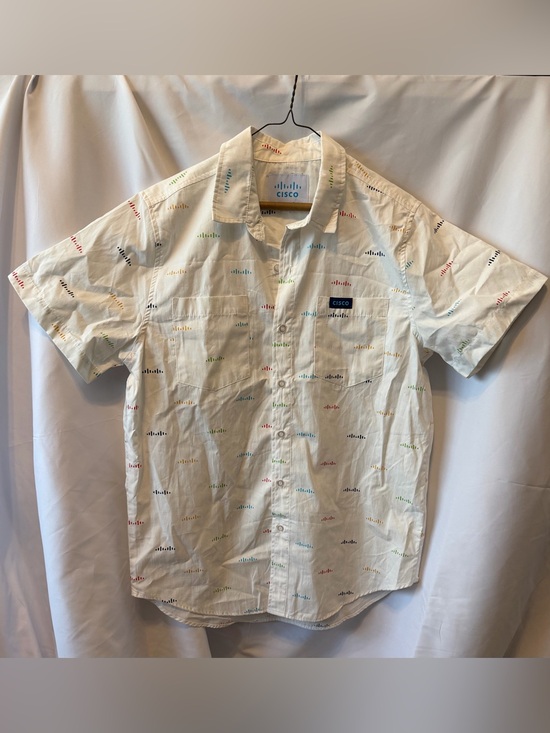 Cisco White Casual Short Sleeve Button-Down Shirt with Multicolor Print